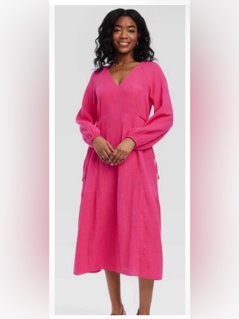 Bright Pink V‑Neck Long Sleeve Maxi Dress